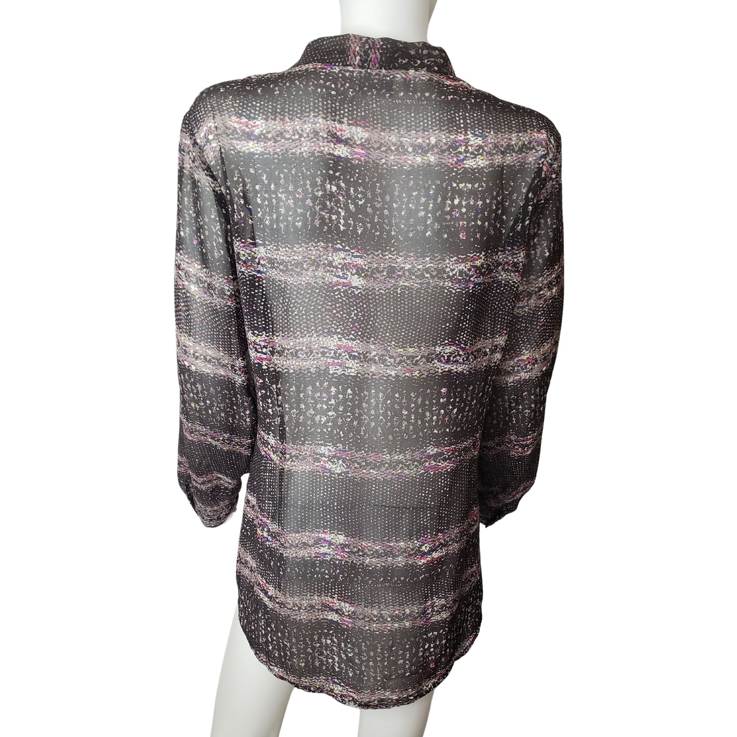 CABI Sheer Long Sleeve Button Up Collared Shirt with Striped Splattered Paint Pattern, Large