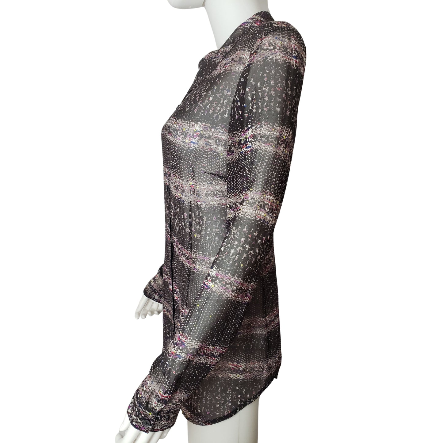 CABI Sheer Long Sleeve Button Up Collared Shirt with Striped Splattered Paint Pattern, Large