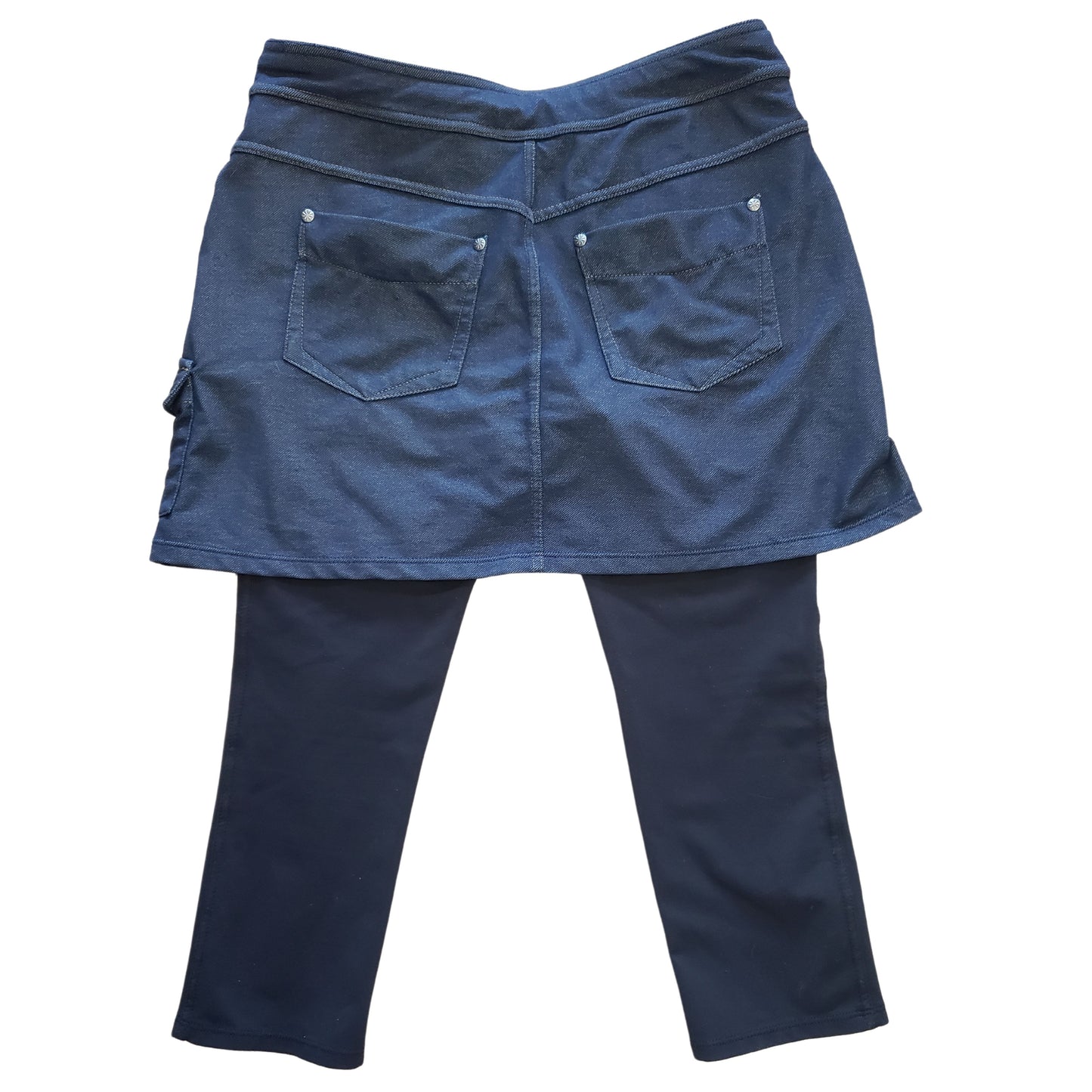 ATHLETA Dark Blue Faux Jean Skirt with Attached Shin Length Black Leggings, Small