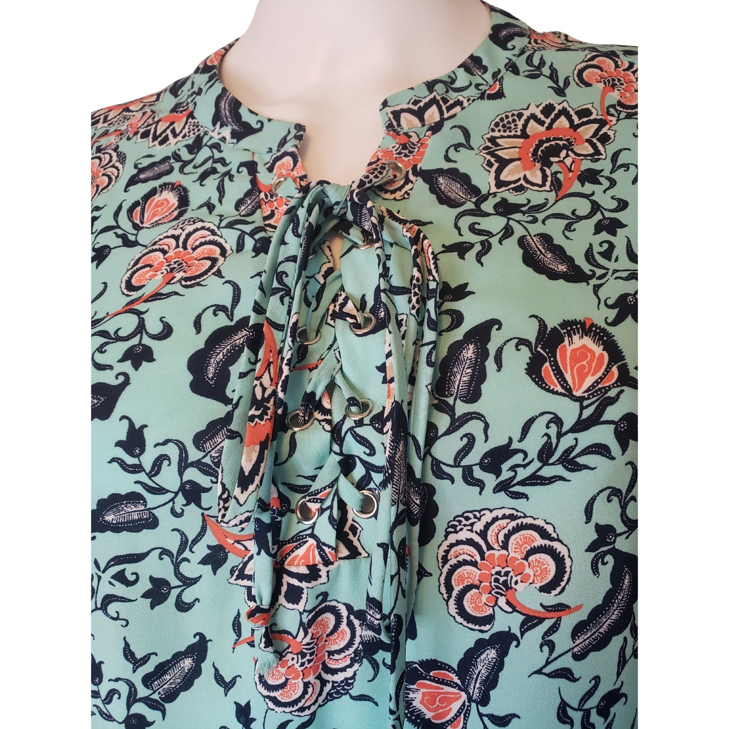 DECREE Mint Floral Long Sleeve Blouse with Front Tie Closure, XL