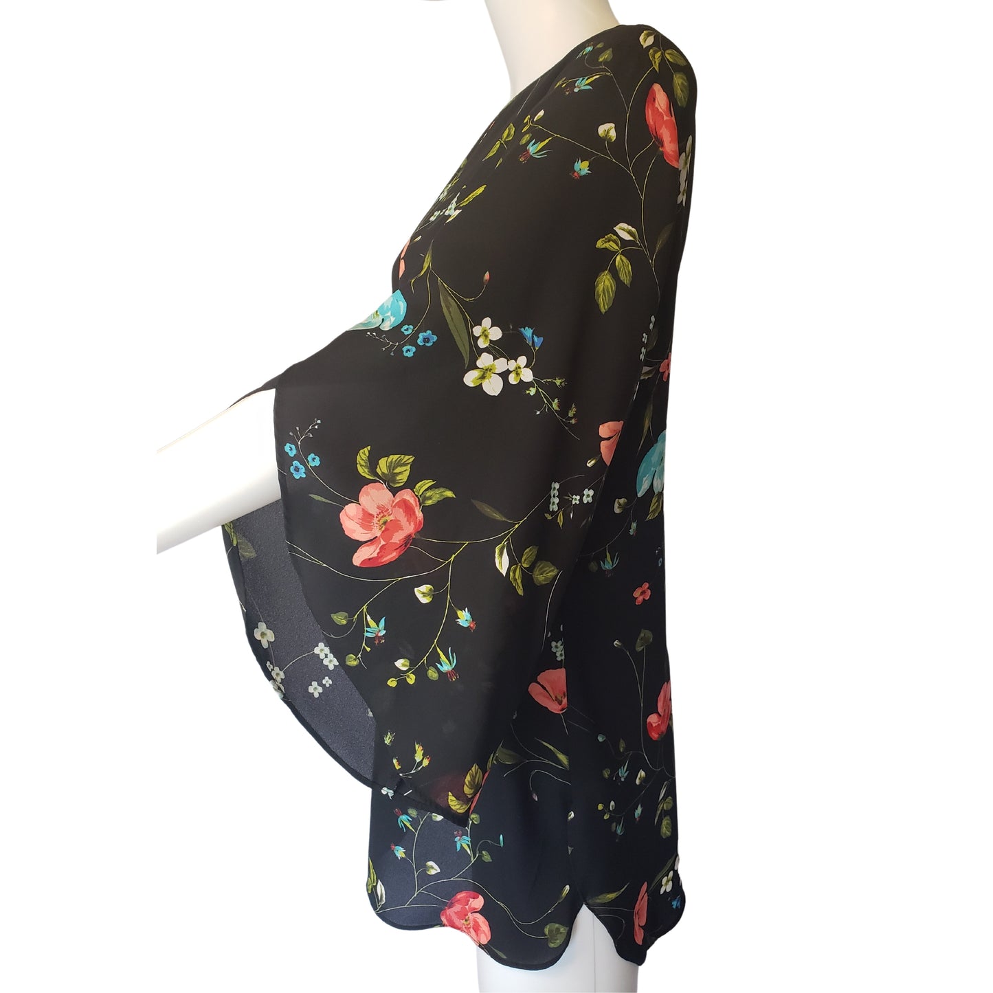 WORTHINGTON Black Floral Blouse with Petal Cape Sleeves, 1X