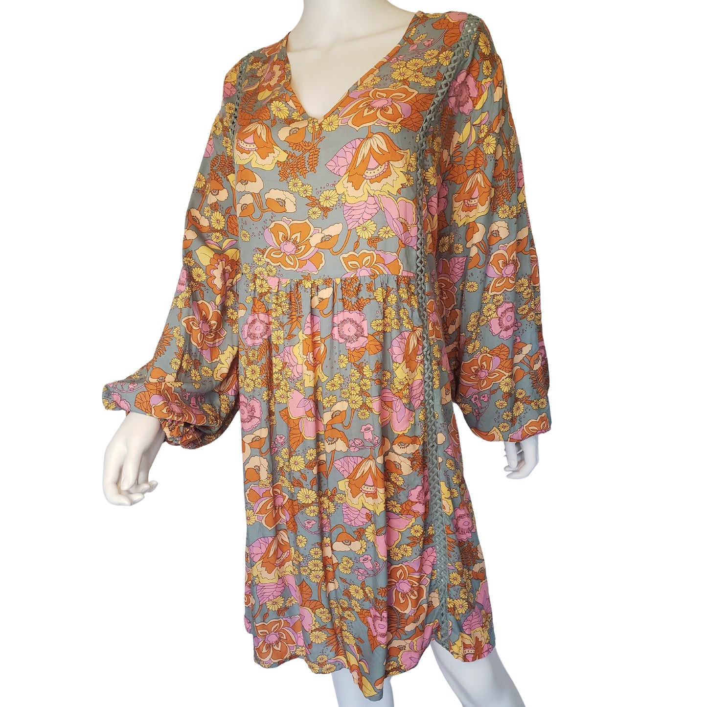 RUSTTYDUSTTY Bohemian Floral Tunic Dress with Long Peasant Sleeves, 2XL