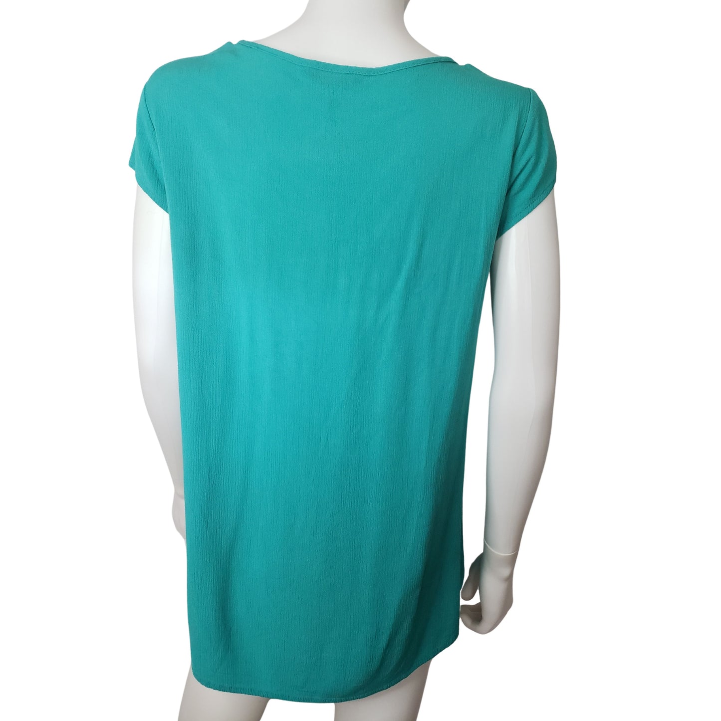 NICOLE MILLER Aqua Short Sleeve Shirt with Crocheted Lace Chest, Medium