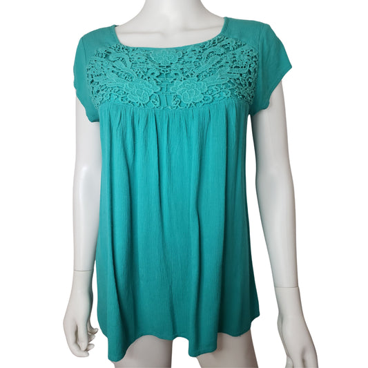 NICOLE MILLER Aqua Short Sleeve Shirt with Crocheted Lace Chest, Medium