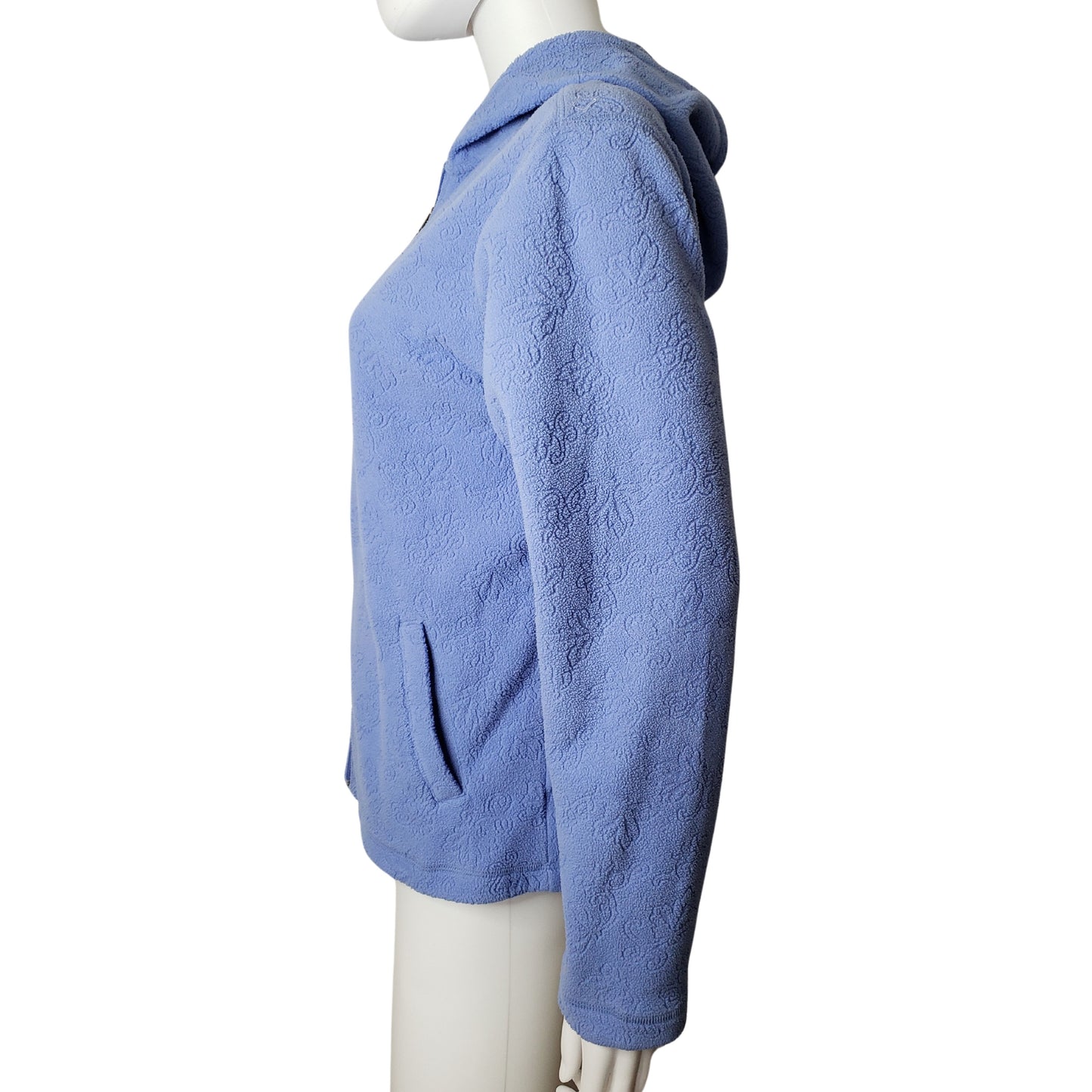 CROFT & BARROW Periwinkle Blue Zip Up Hooded Fleece with Floral Accents, Medium