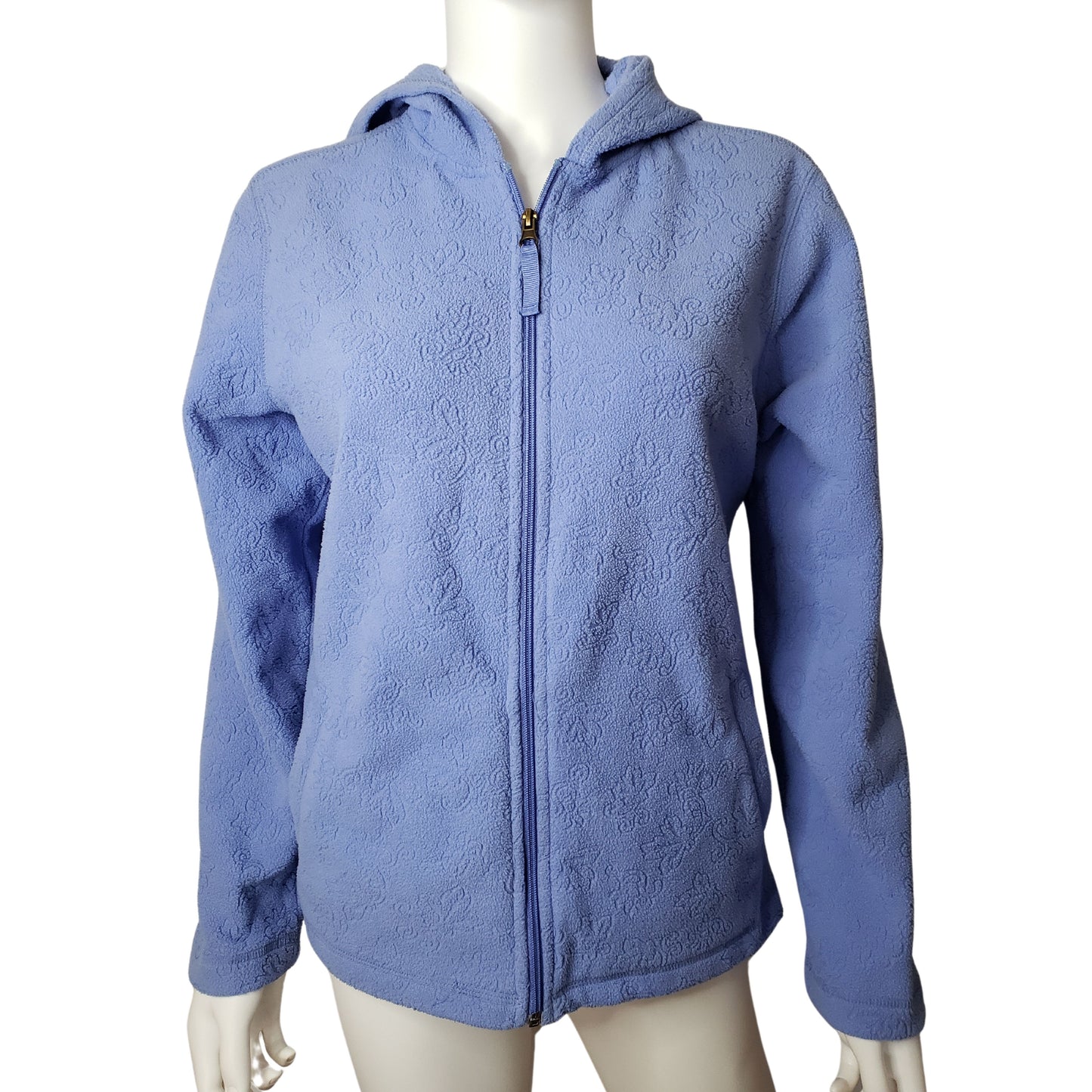 CROFT & BARROW Periwinkle Blue Zip Up Hooded Fleece with Floral Accents, Medium