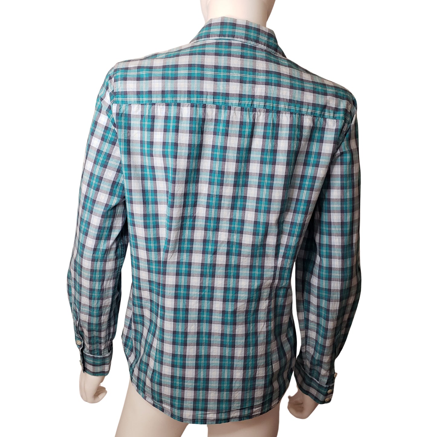 IZOD Aqua & Gray Plaid Long Sleeve Button Down Collared Shirt, Medium