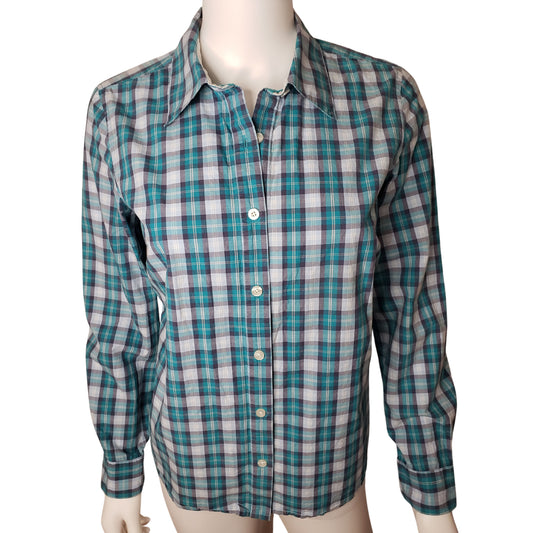 IZOD Aqua & Gray Plaid Long Sleeve Button Down Collared Shirt, Medium