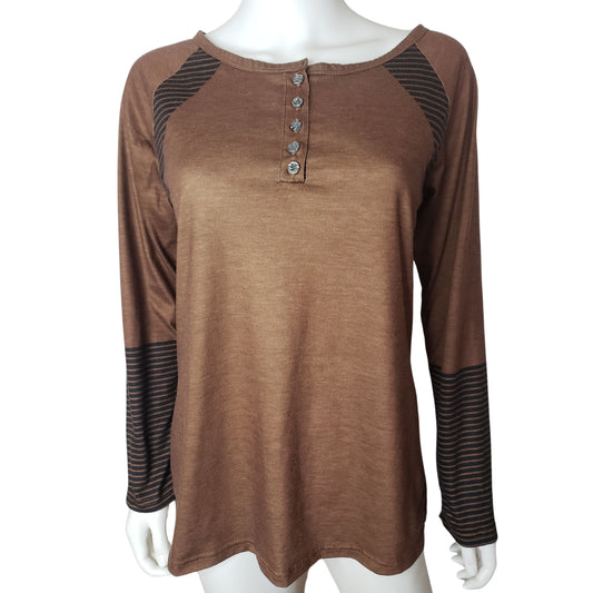 Bronze Henley Style Long Sleeve Shirt with Black Stripes, Medium