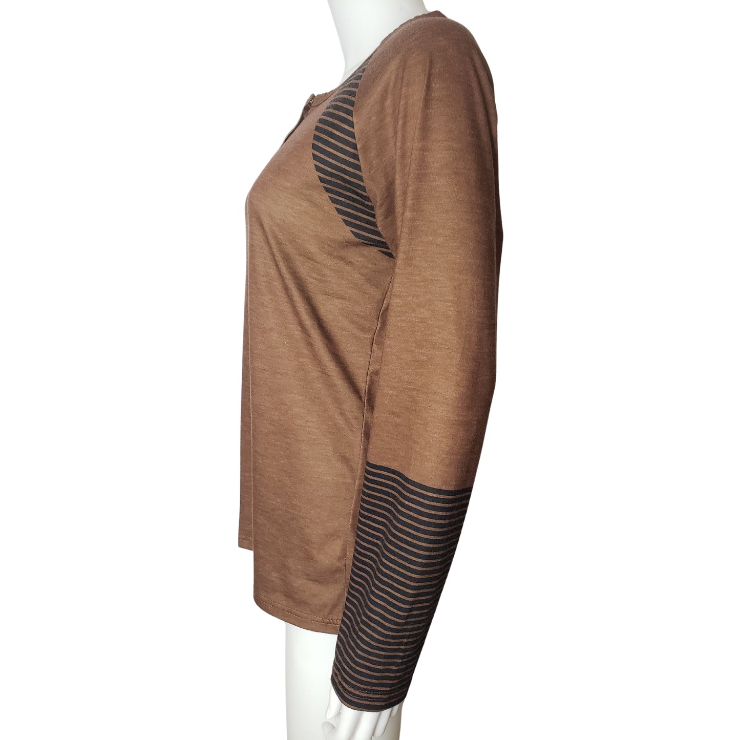 Bronze Henley Style Long Sleeve Shirt with Black Stripes, Medium