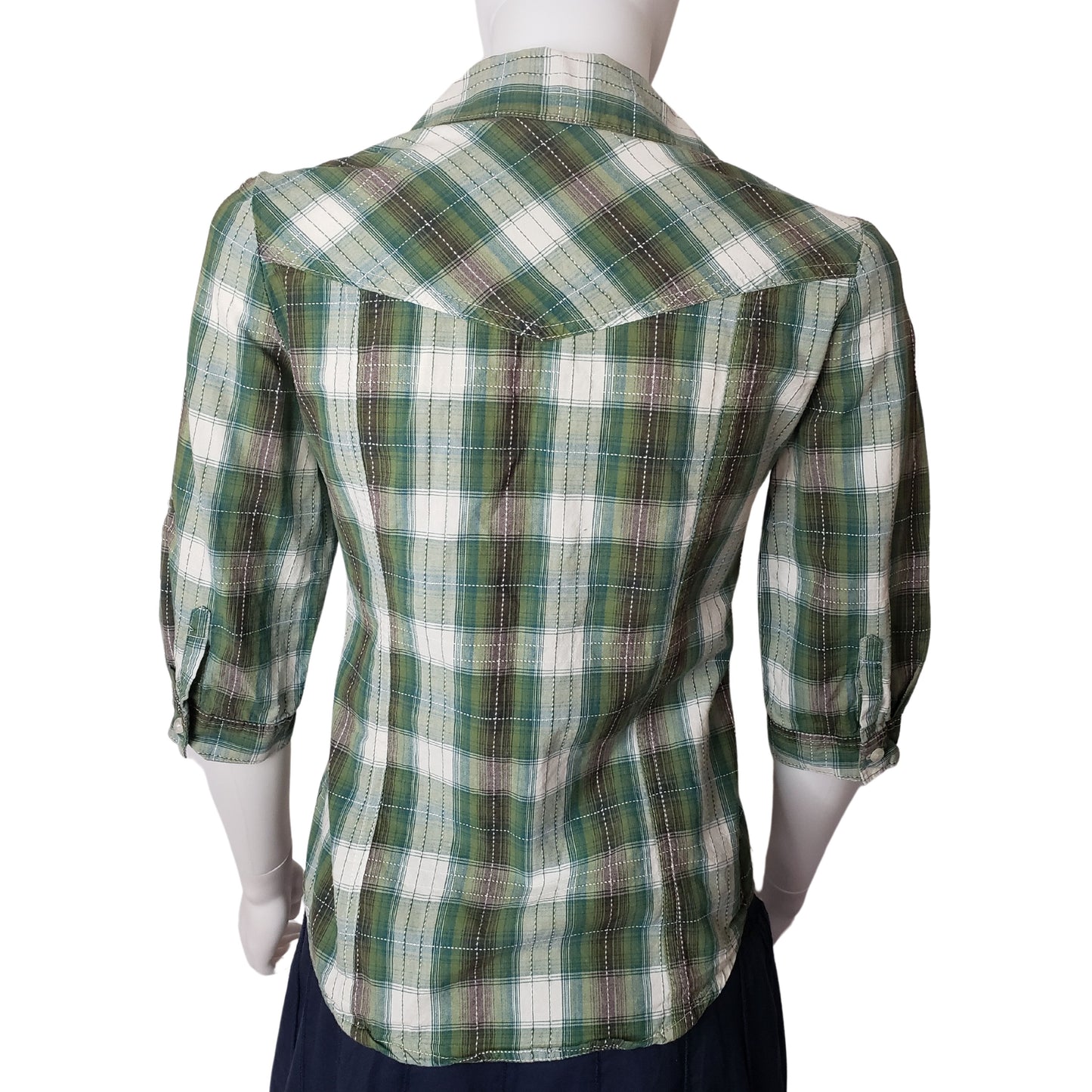 MUDD Green, Gray & White Plaid Button Up Collared Half Sleeve Shirt, Medium