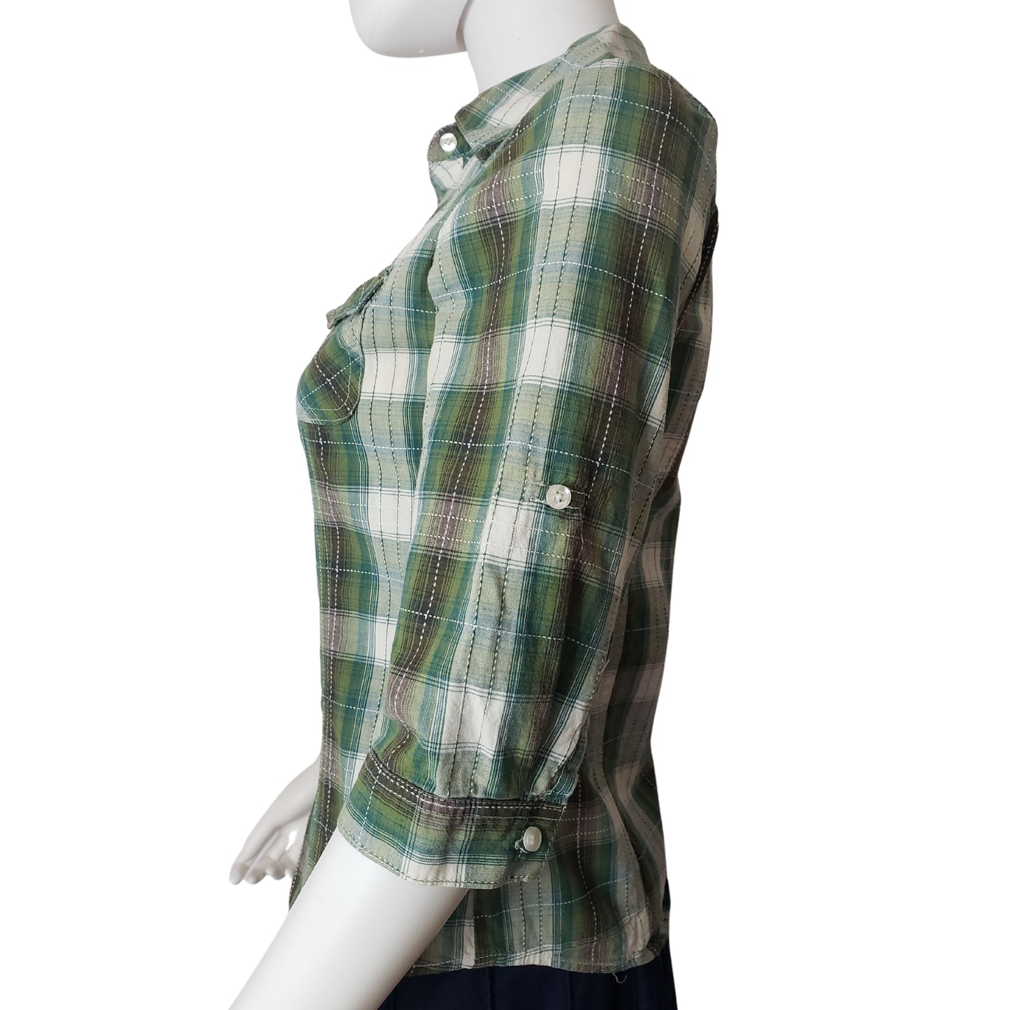 MUDD Green, Gray & White Plaid Button Up Collared Half Sleeve Shirt, Medium