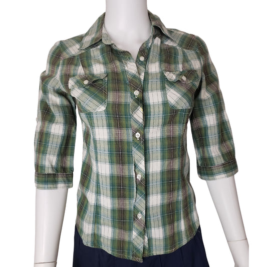 MUDD Green, Gray & White Plaid Button Up Collared Half Sleeve Shirt, Medium