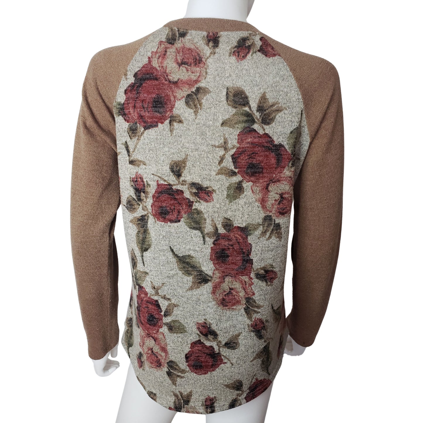 CHRIS & CAROL Long Sleeve Sweater with Rose Patterned Gray Bodice and Russet Sleeves, Medium