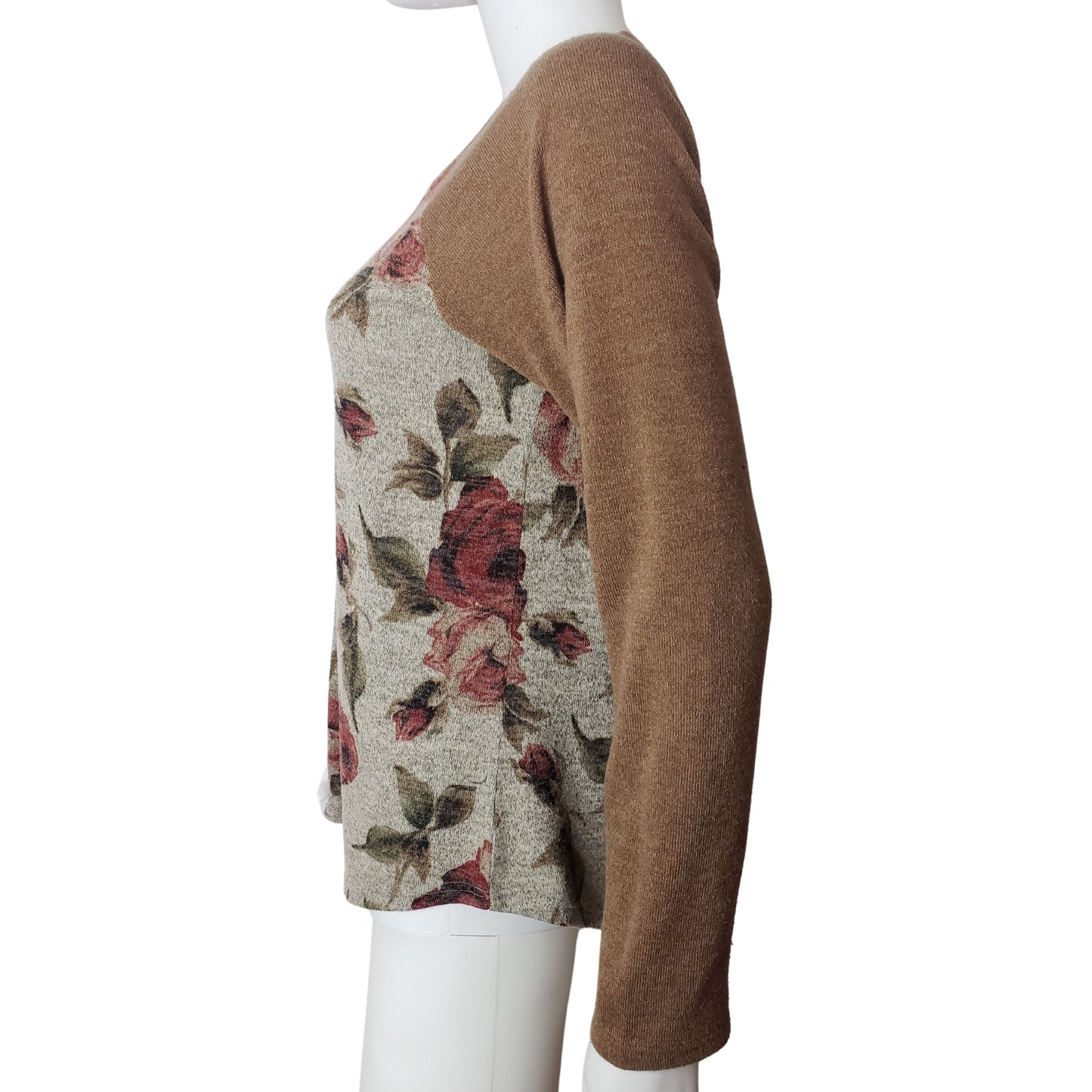 CHRIS & CAROL Long Sleeve Sweater with Rose Patterned Gray Bodice and Russet Sleeves, Medium