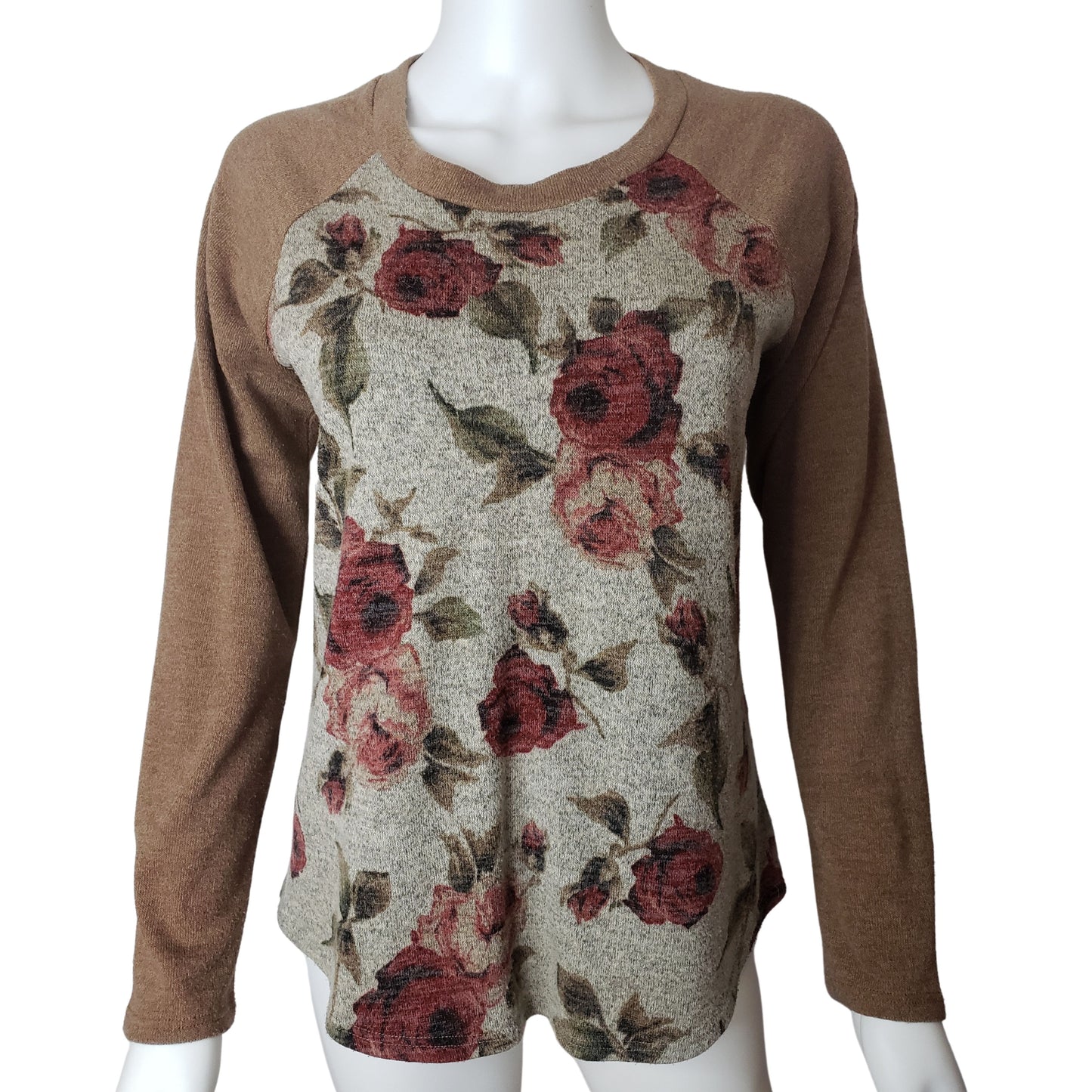 CHRIS & CAROL Long Sleeve Sweater with Rose Patterned Gray Bodice and Russet Sleeves, Medium