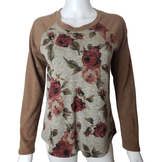 CHRIS & CAROL Long Sleeve Sweater with Rose Patterned Gray Bodice and Russet Sleeves, Medium