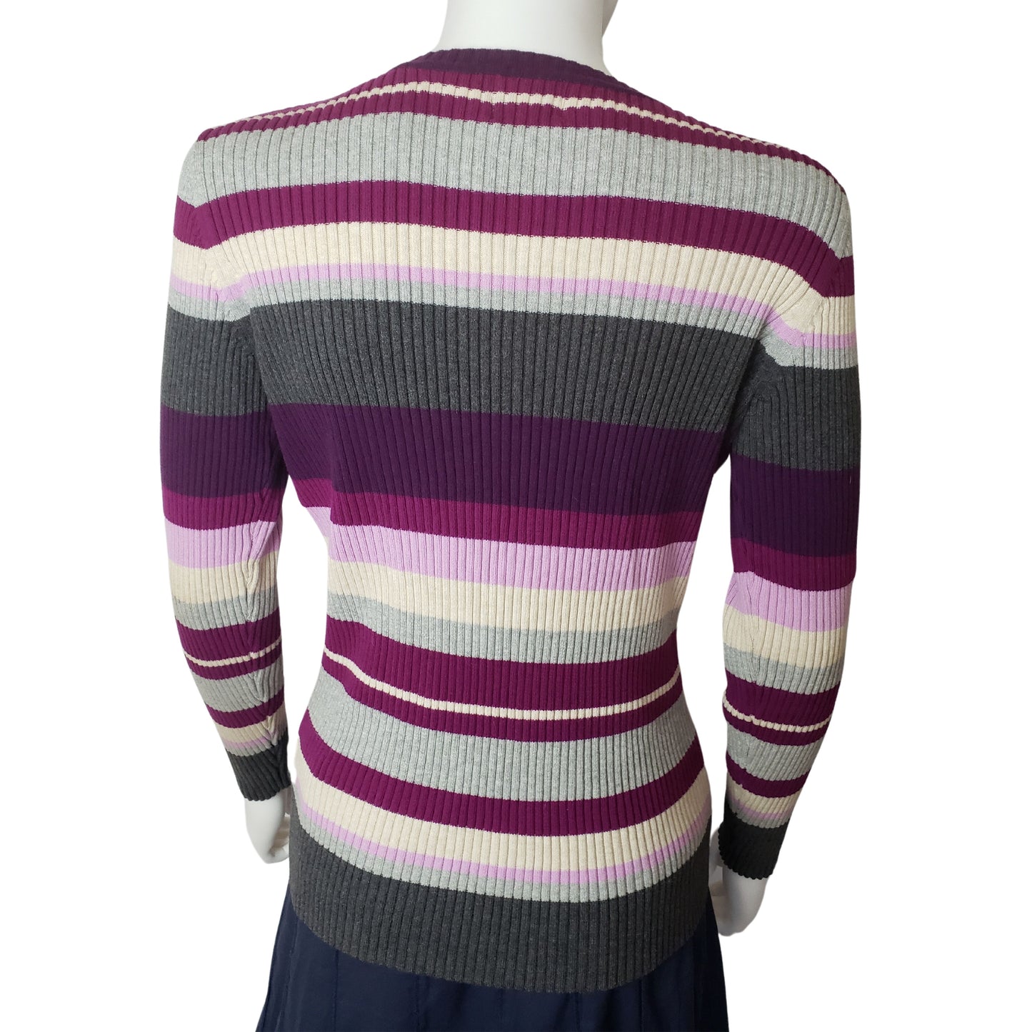 ST. JOHN'S BAY Purple & Gray Striped Long Sleeve Sweater with V Neck, Medium