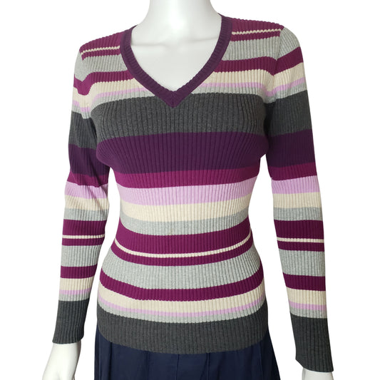 ST. JOHN'S BAY Purple & Gray Striped Long Sleeve Sweater with V Neck, Medium