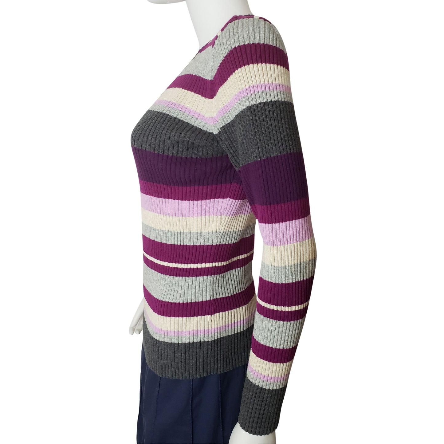 ST. JOHN'S BAY Purple & Gray Striped Long Sleeve Sweater with V Neck, Medium