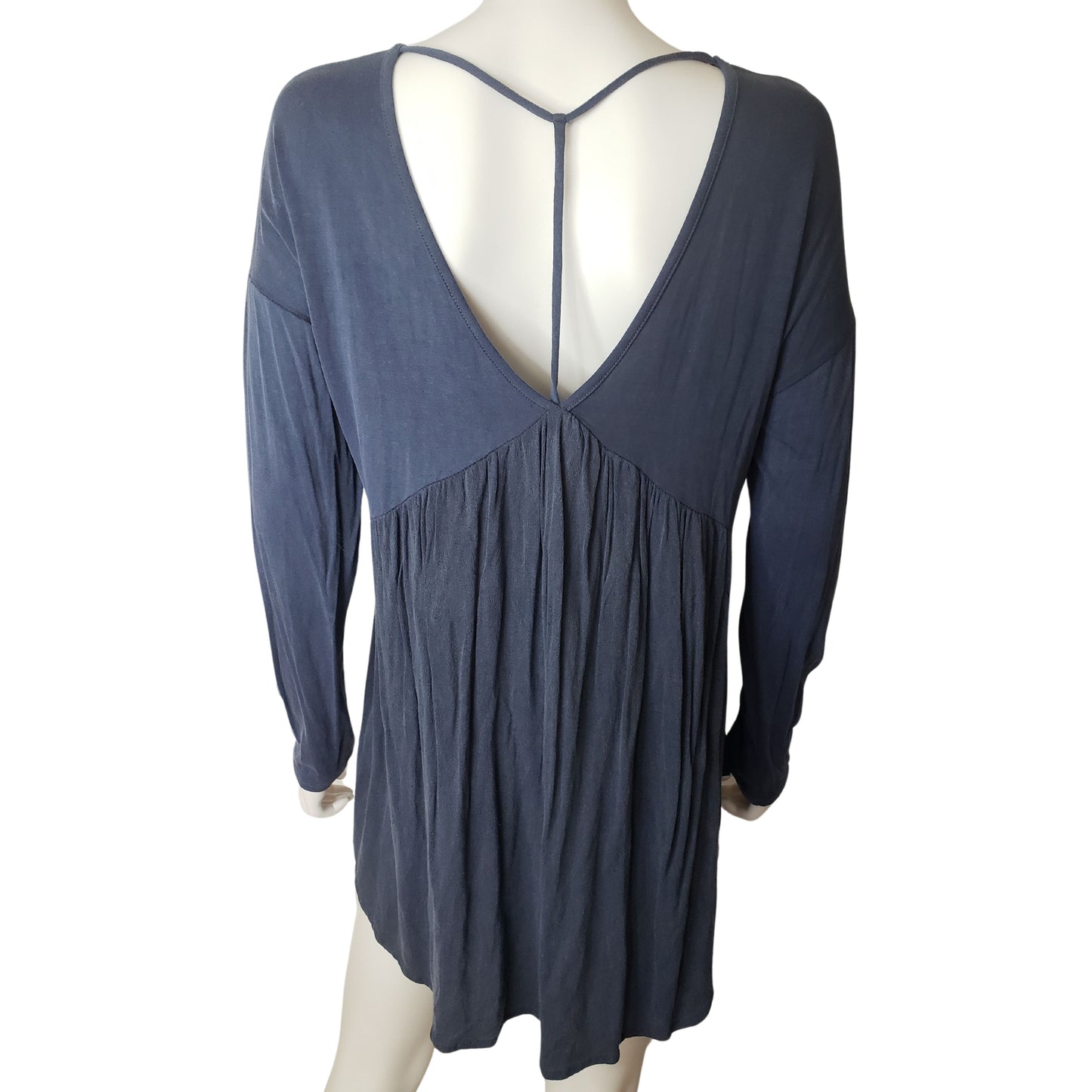 MTS Prussian Blue Crepe Shirt with Deep V Neck and T-Strap on Back, Small