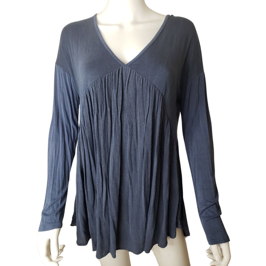 MTS Prussian Blue Crepe Shirt with Deep V Neck and T-Strap on Back, Small