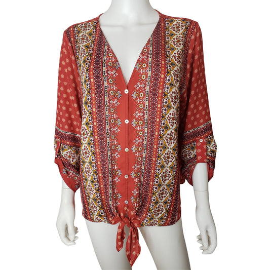 WEST KEI Tangelo Boho Button Up Shirt with Loose Buttoned Sleeves and Front Tie, Large