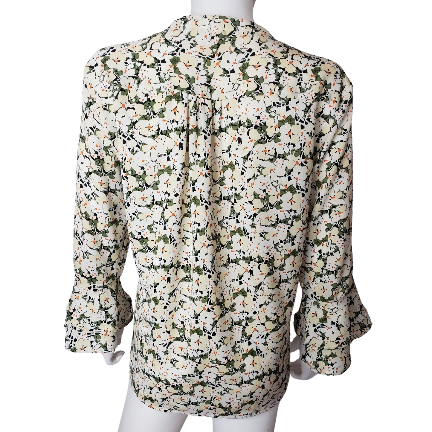 Flounced Sleeve Blouse with Flower Pattern and Pleated Bust, Large