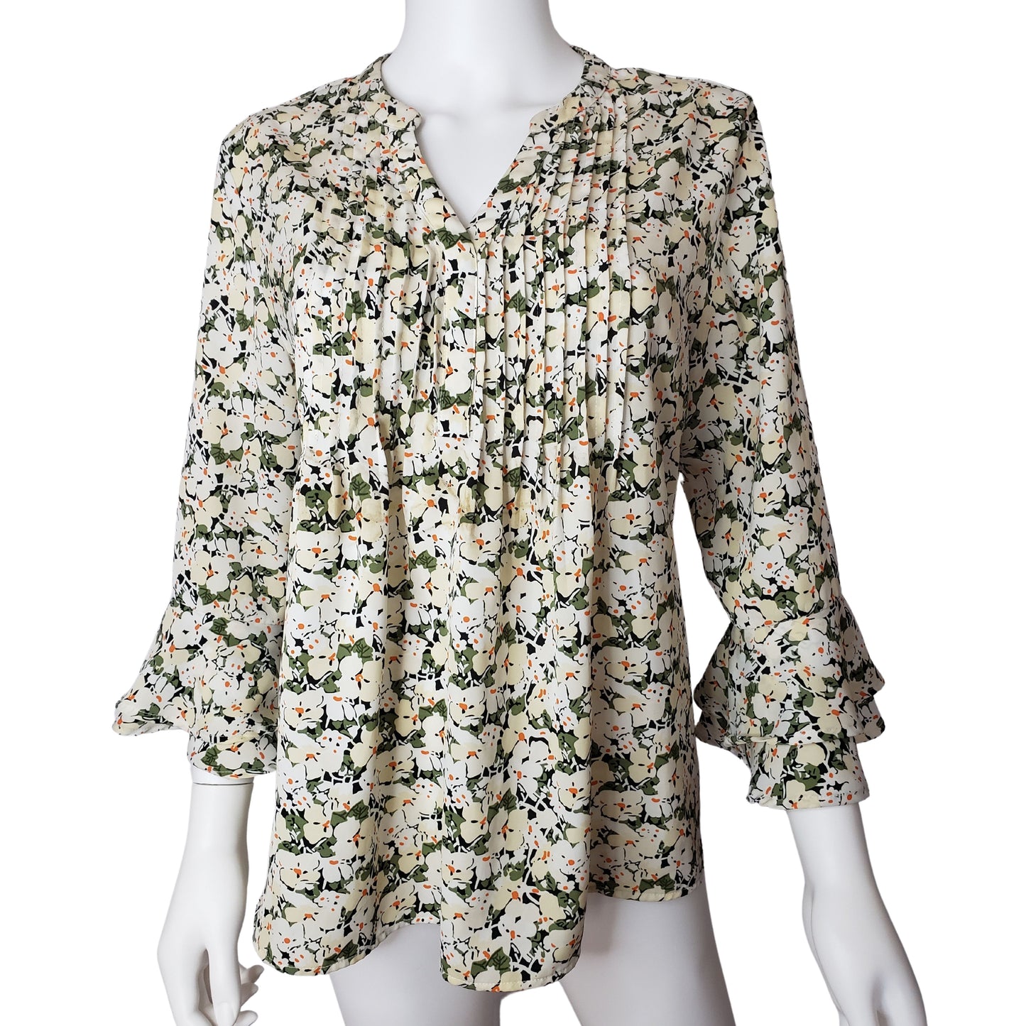 Flounced Sleeve Blouse with Flower Pattern and Pleated Bust, Large