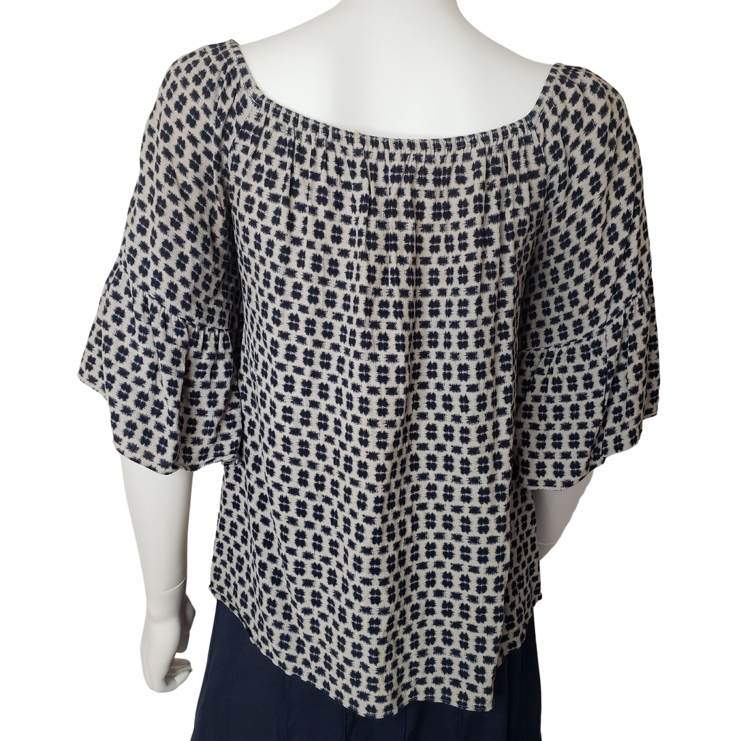 Beautiful Boho Gray Shirt with Navy Blue Pattern and Flounce Half Sleeves, Large