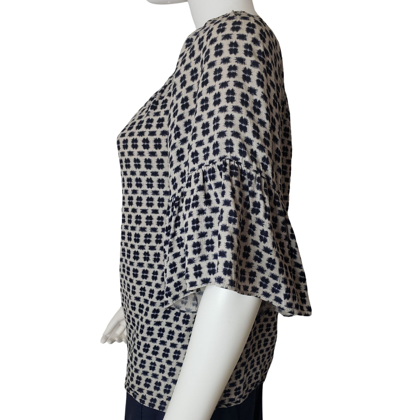 Beautiful Boho Gray Shirt with Navy Blue Pattern and Flounce Half Sleeves, Large