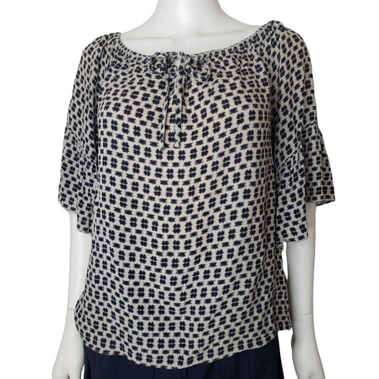 Beautiful Boho Gray Shirt with Navy Blue Pattern and Flounce Half Sleeves, Large