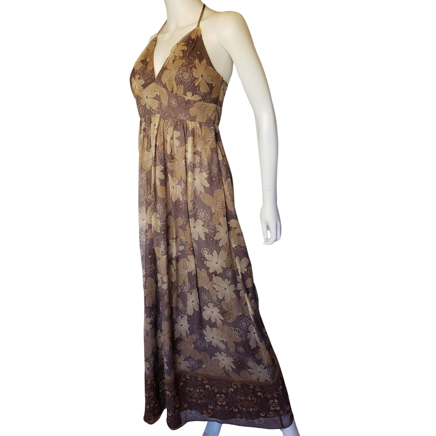 INTUITIONS Shades of Tan Ankle Length Dress with Empire Waist and Ties Around Neck, Size 6