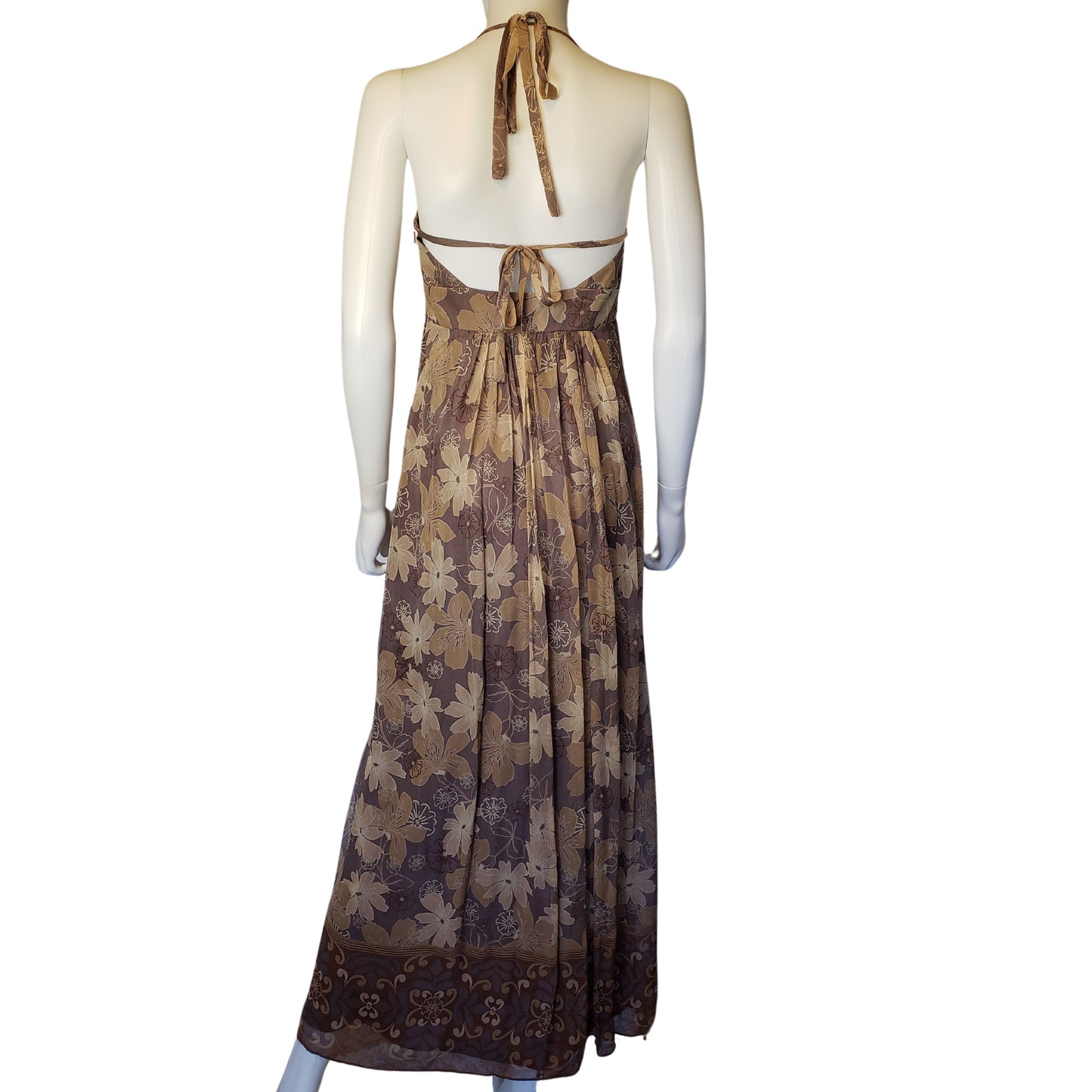 INTUITIONS Shades of Tan Ankle Length Dress with Empire Waist and Ties Around Neck, Size 6