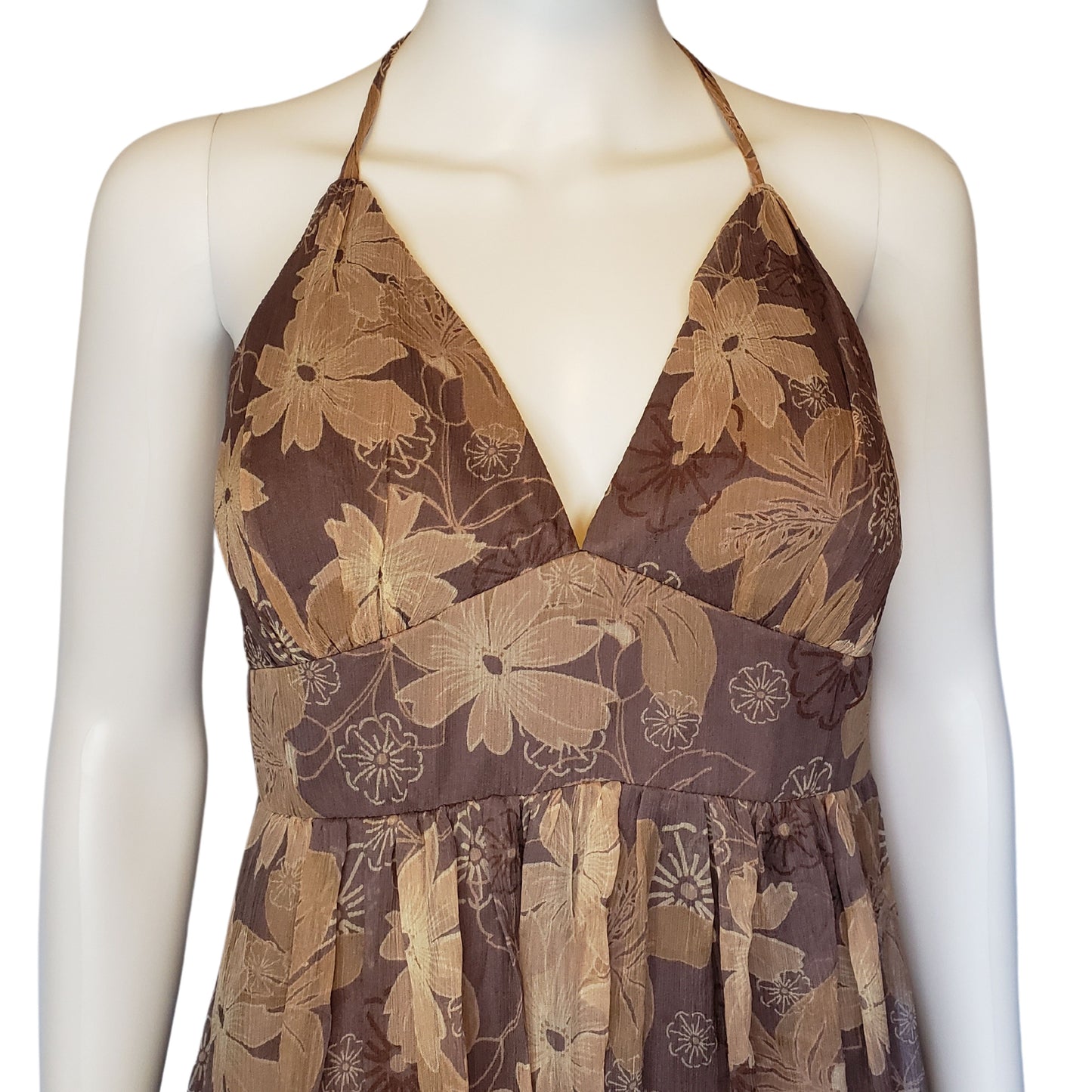 INTUITIONS Shades of Tan Ankle Length Dress with Empire Waist and Ties Around Neck, Size 6