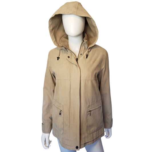 GALLERY PETITE Tan Suede-Like Raincoat with Removable Hood and Liner, Petite Small