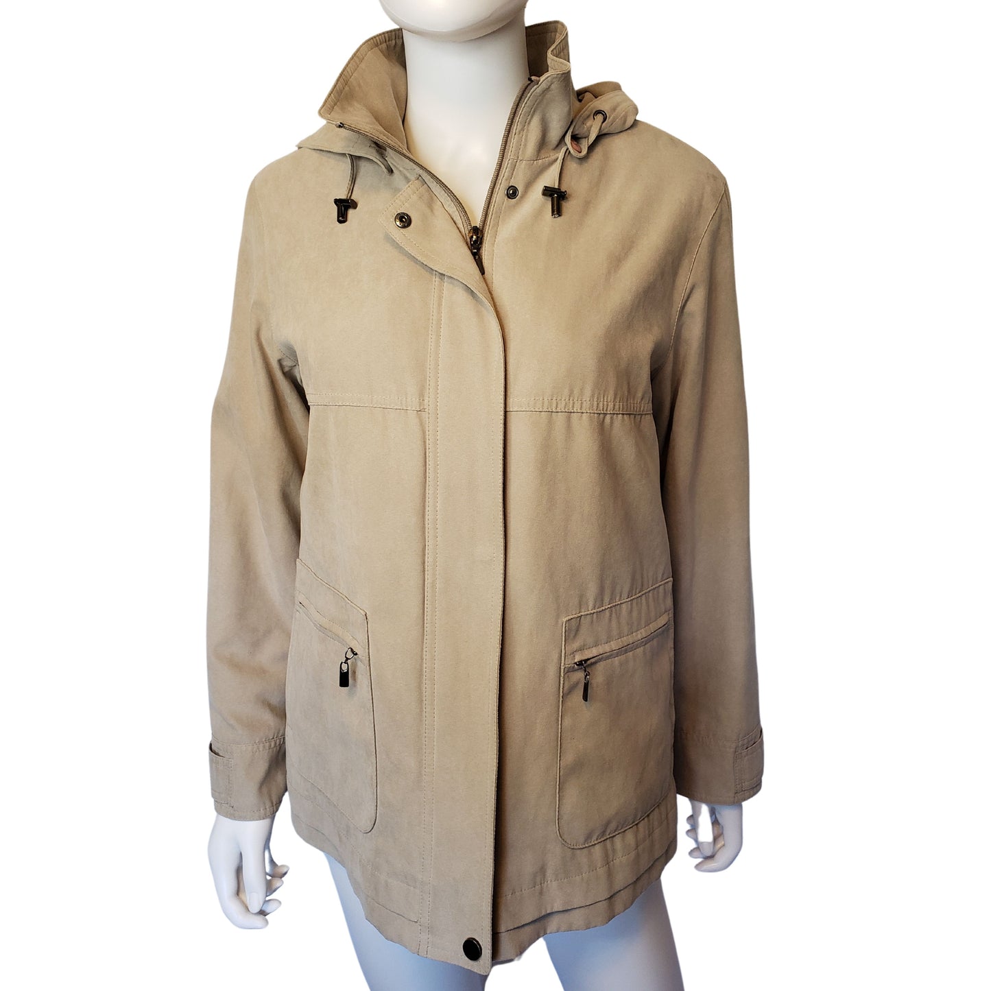 GALLERY PETITE Tan Suede-Like Raincoat with Removable Hood and Liner, Petite Small