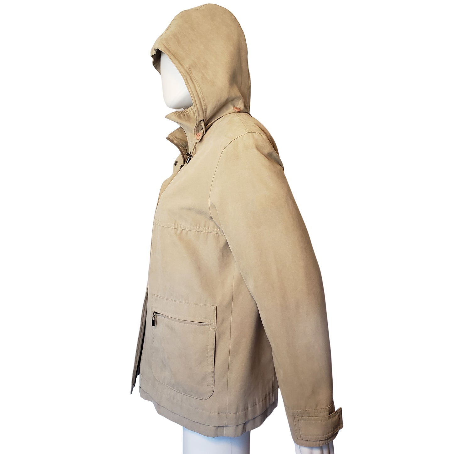 GALLERY PETITE Tan Suede-Like Raincoat with Removable Hood and Liner, Petite Small