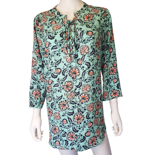 DECREE Mint Floral Long Sleeve Blouse with Front Tie Closure, XL