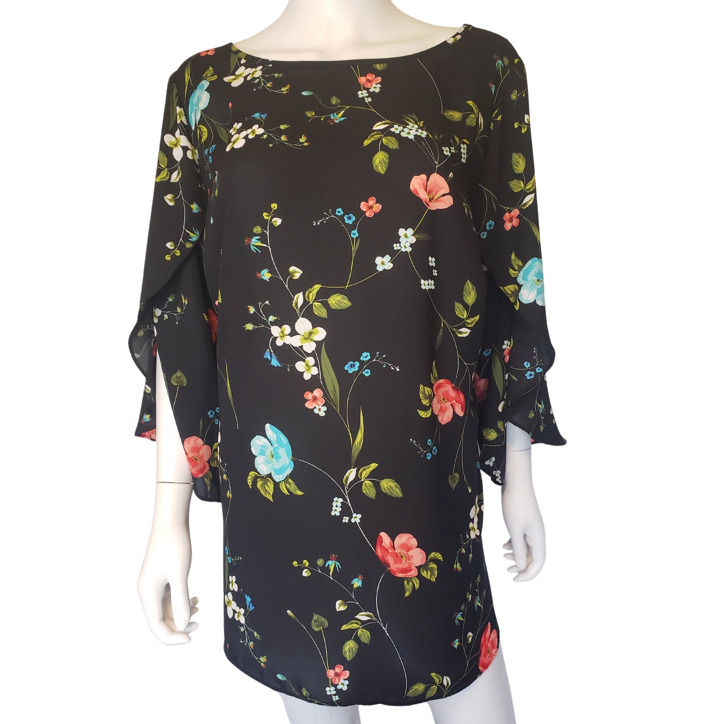 WORTHINGTON Black Floral Blouse with Petal Cape Sleeves, 1X