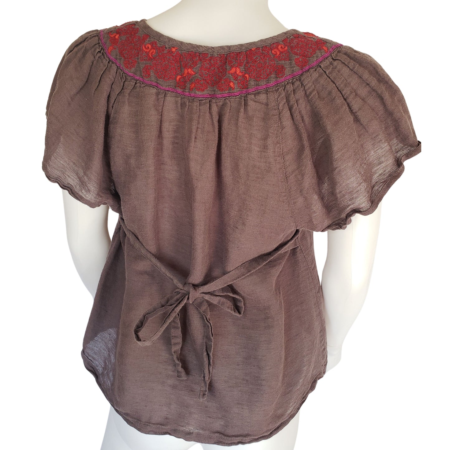 FREE PEOPLE Muy Mocha Short Sleeve Shirt with Embroidery and Buttoned Bust, Small