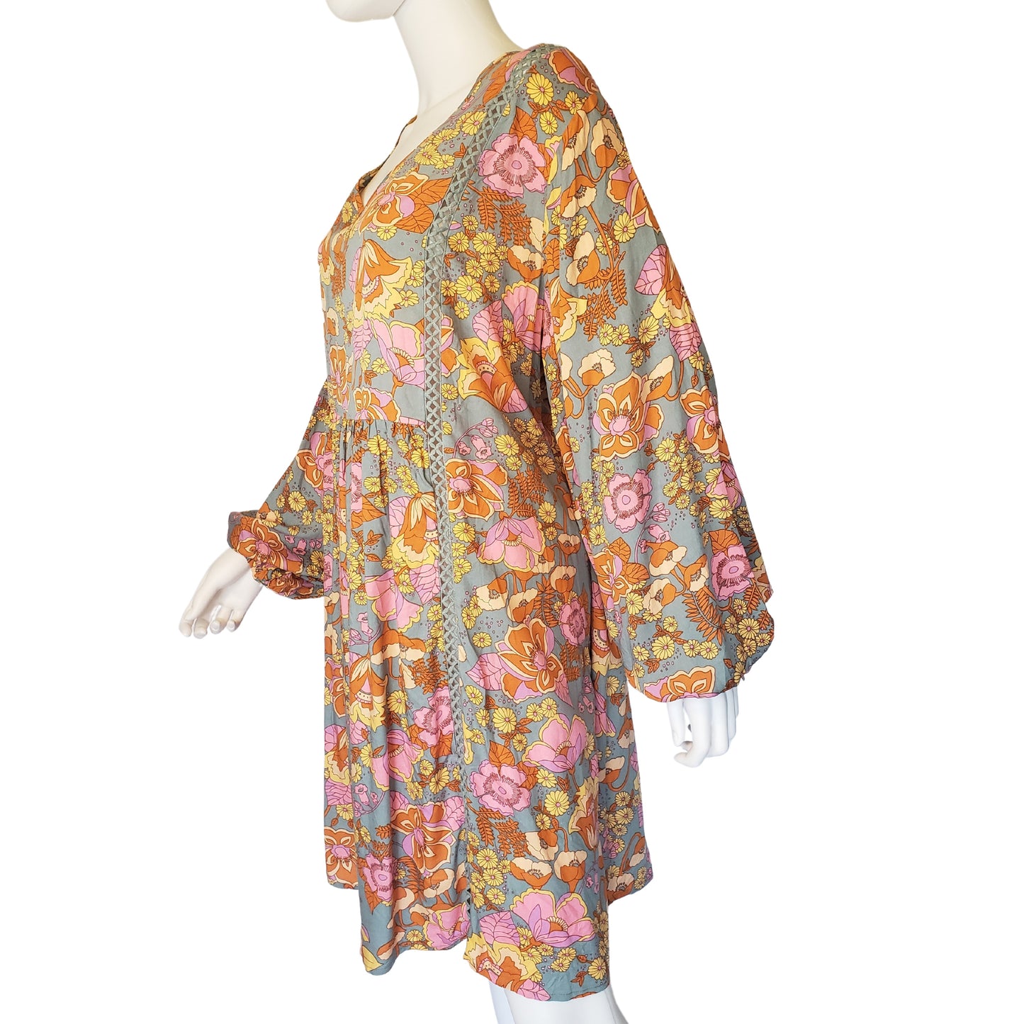 RUSTTYDUSTTY Bohemian Floral Tunic Dress with Long Peasant Sleeves, 2XL