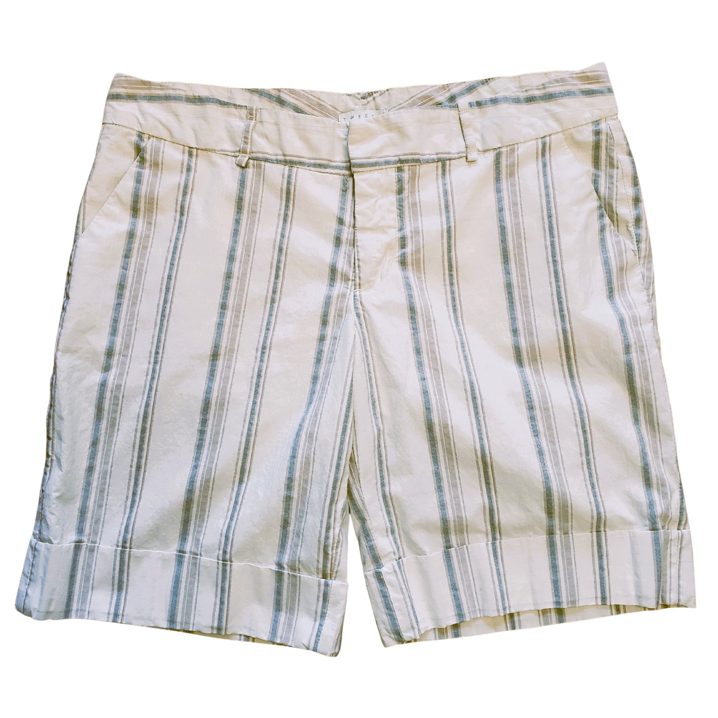 TWEEDS Ivory White Shorts with Light Beige & Blue Stripes, Size 12