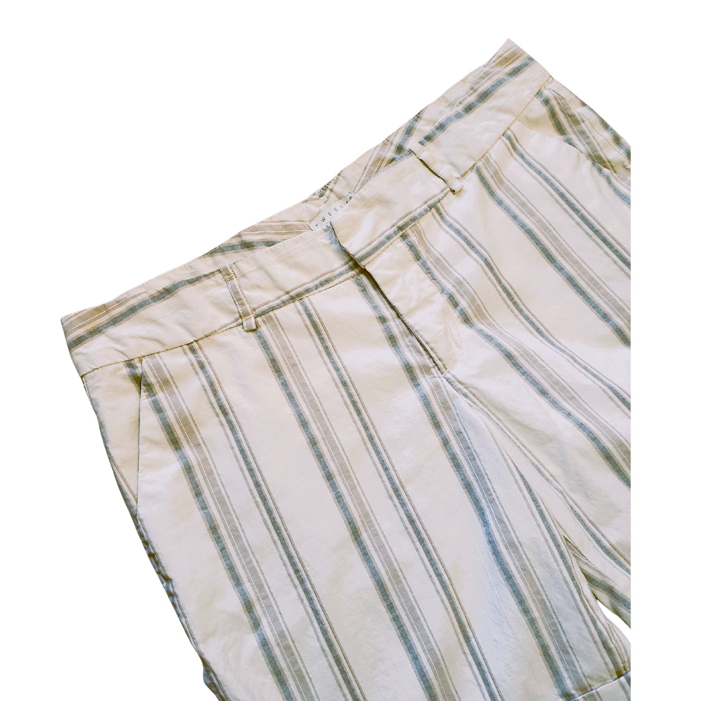 TWEEDS Ivory White Shorts with Light Beige & Blue Stripes, Size 12