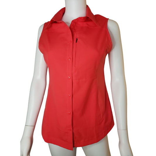 COLUMBIA Bright Coral Omni-Shade Sun Protection Button Up Tank with Collar and Pocket, Petite Small