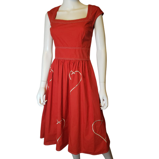 ESHAKTI Red Apron Dress with Embroidered Hearts, M Size 8