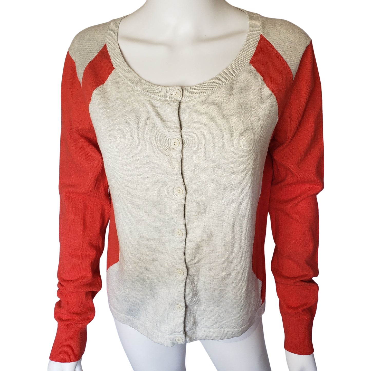 CABI Light Gray & Red Button Up Sweater with Long Sleeves, Medium