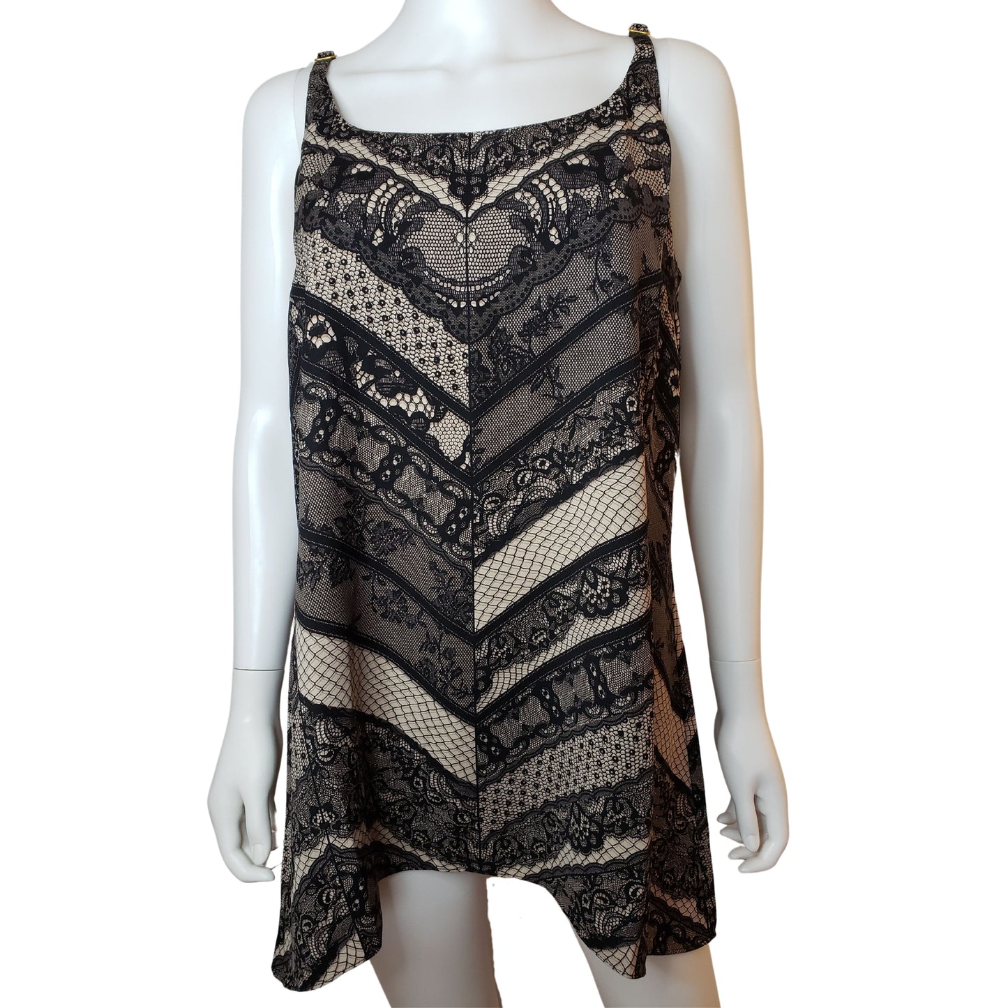 CABI Black and Tan Faux Lace Long Tank, Large