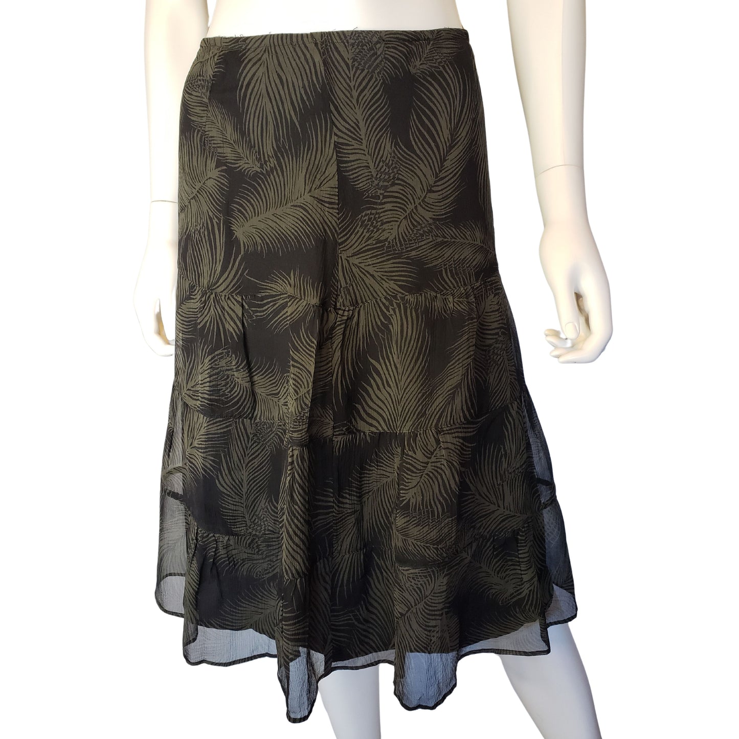 J. CREW Black Below Knee Tiered Skirt with Olive Green Palm Pattern, Size 8