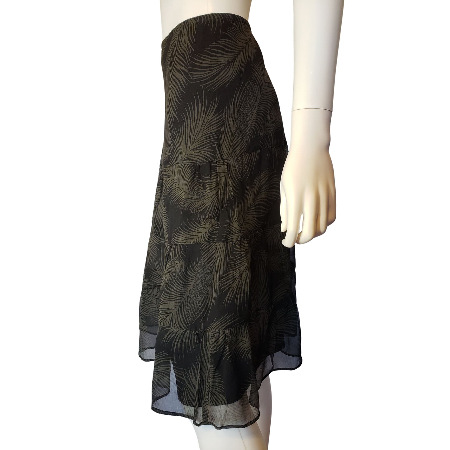 J. CREW Black Below Knee Tiered Skirt with Olive Green Palm Pattern, Size 8